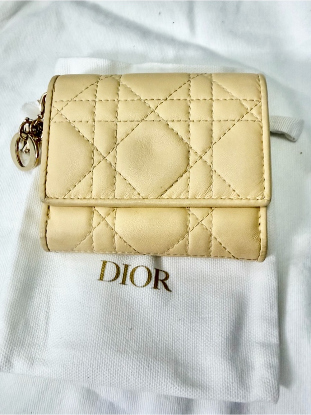 Dior Quilted Leather Compact Wallet in Light Beige with Gold Hardware